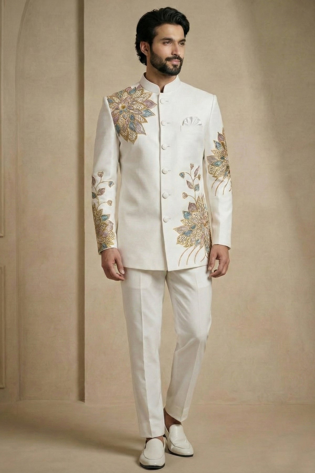 Pearl White Satin Embroidered Jodhpuri Suit