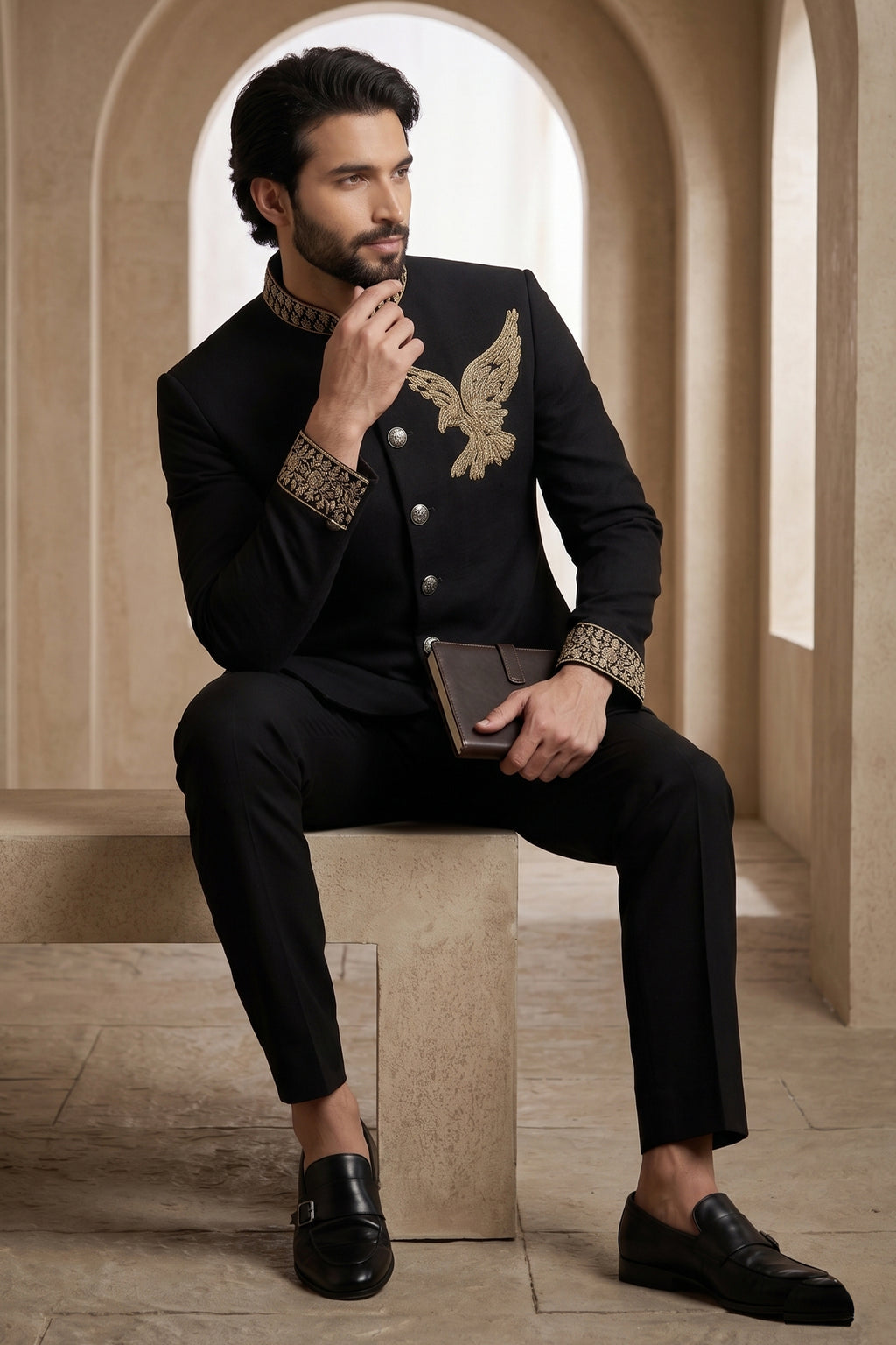 Black Silk Beaded Jodhpuri Set