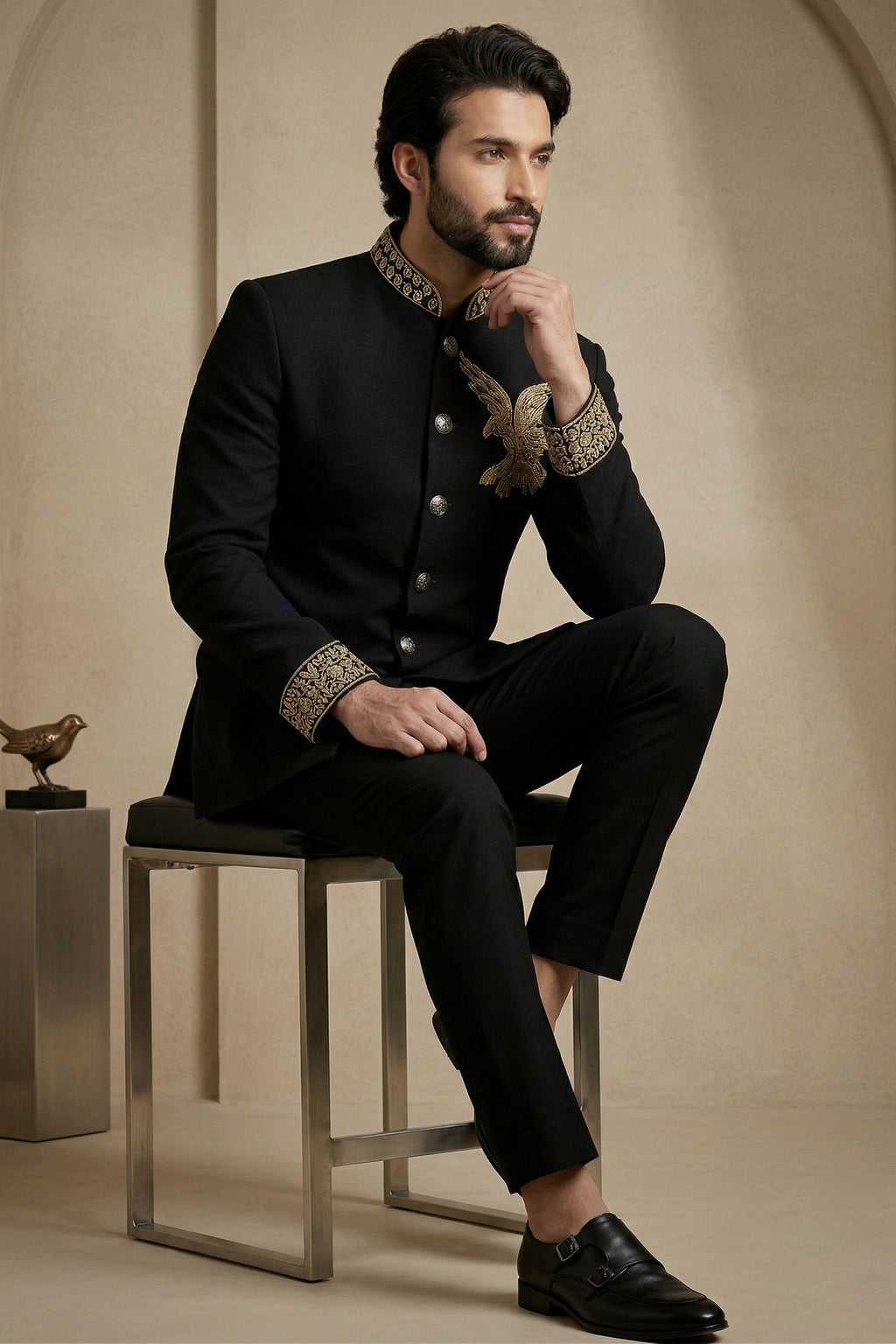Black Silk Beaded Jodhpuri Set