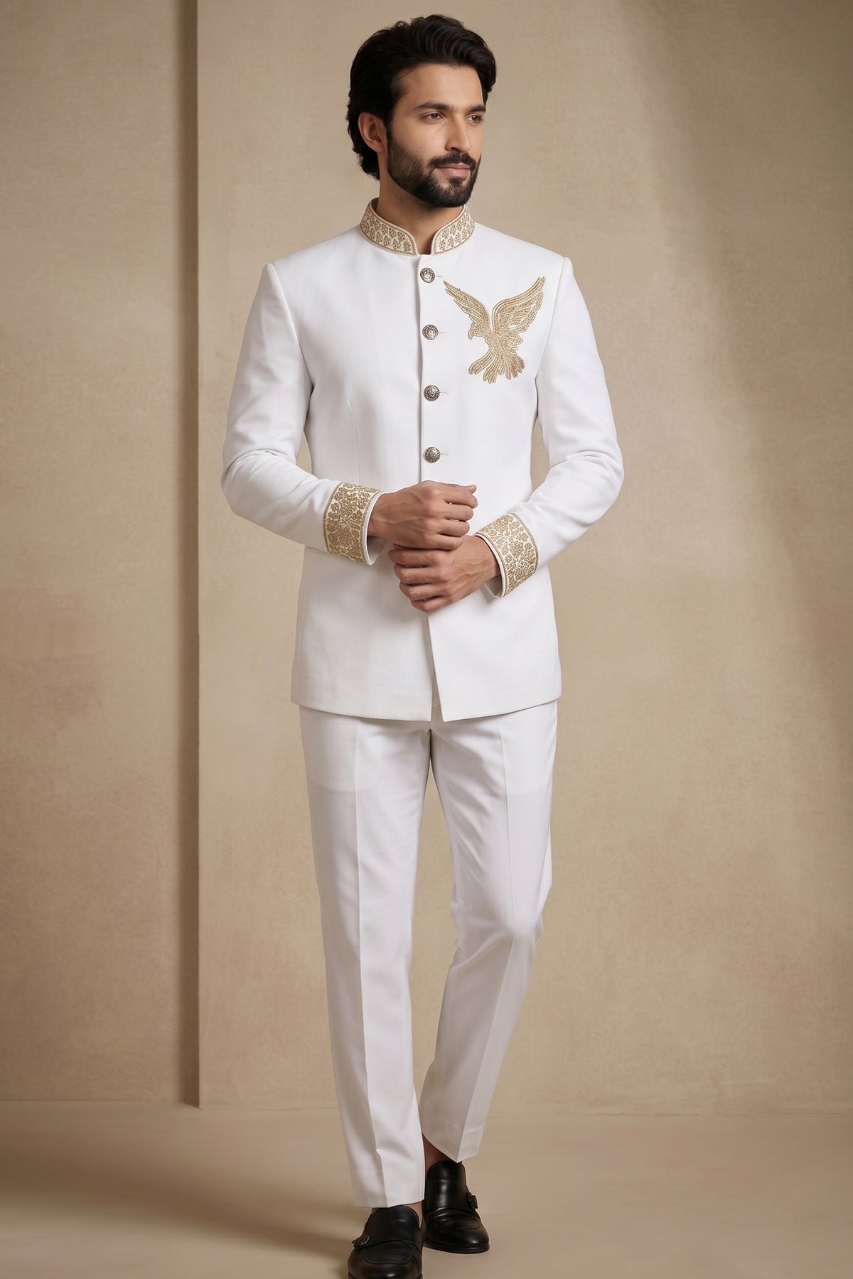 White Silk Beaded Jodhpuri Set