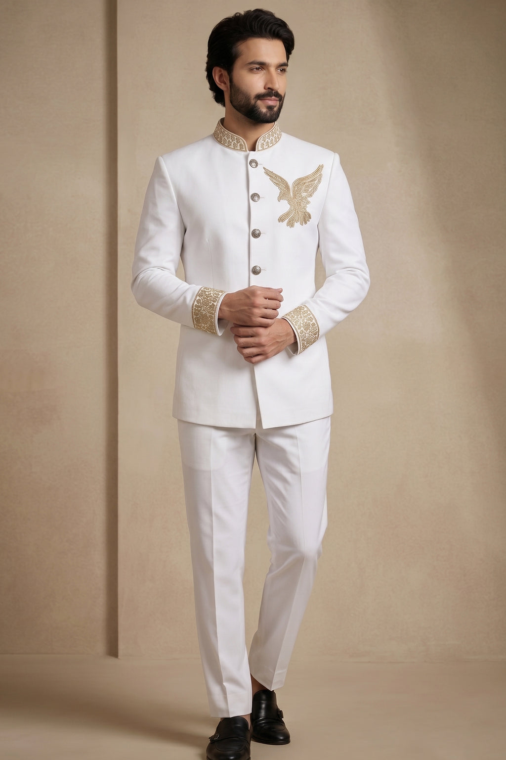 White Silk Beaded Jodhpuri Set