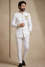 White Silk Beaded Jodhpuri Set