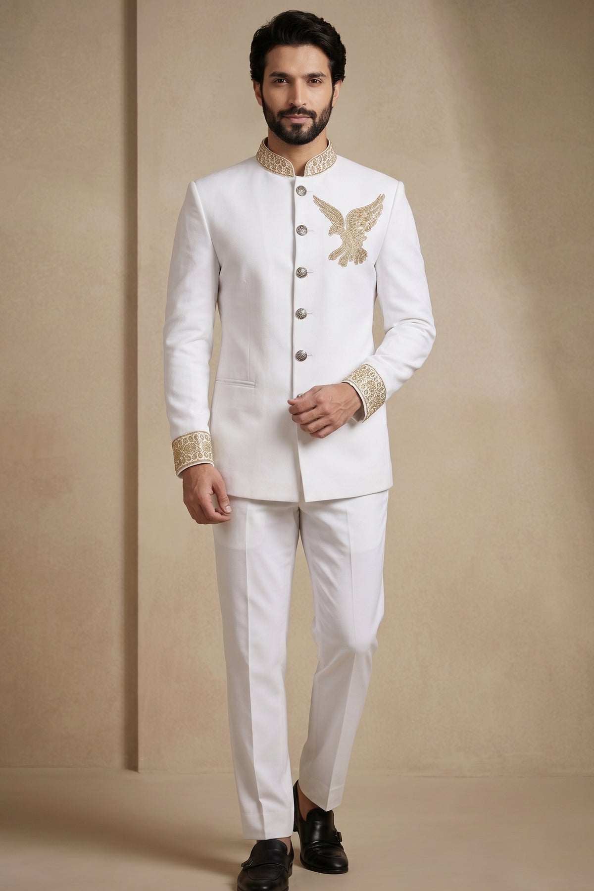 White Silk Beaded Jodhpuri Set