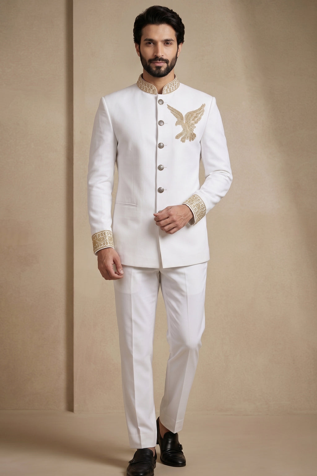 White Silk Beaded Jodhpuri Set