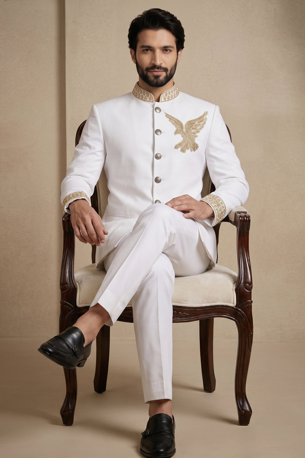 White Silk Beaded Jodhpuri Set