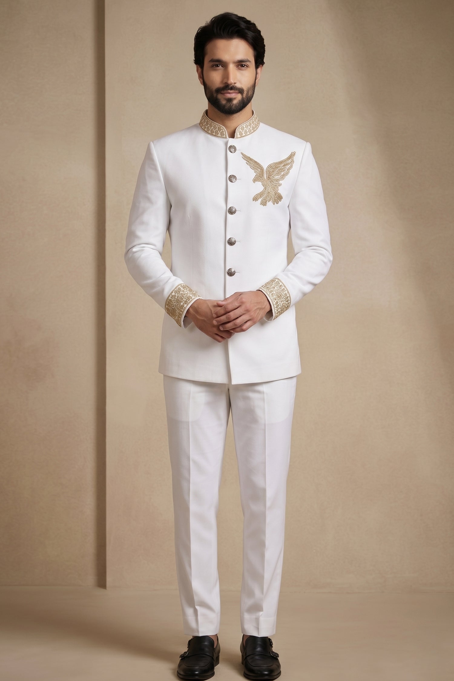 White Silk Beaded Jodhpuri Set