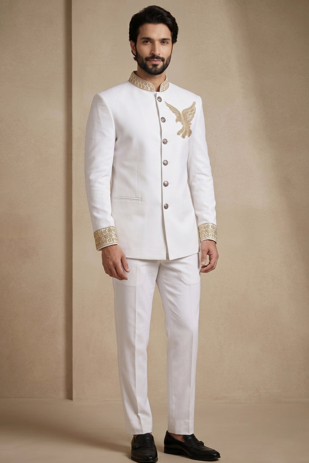 White Silk Beaded Jodhpuri Set