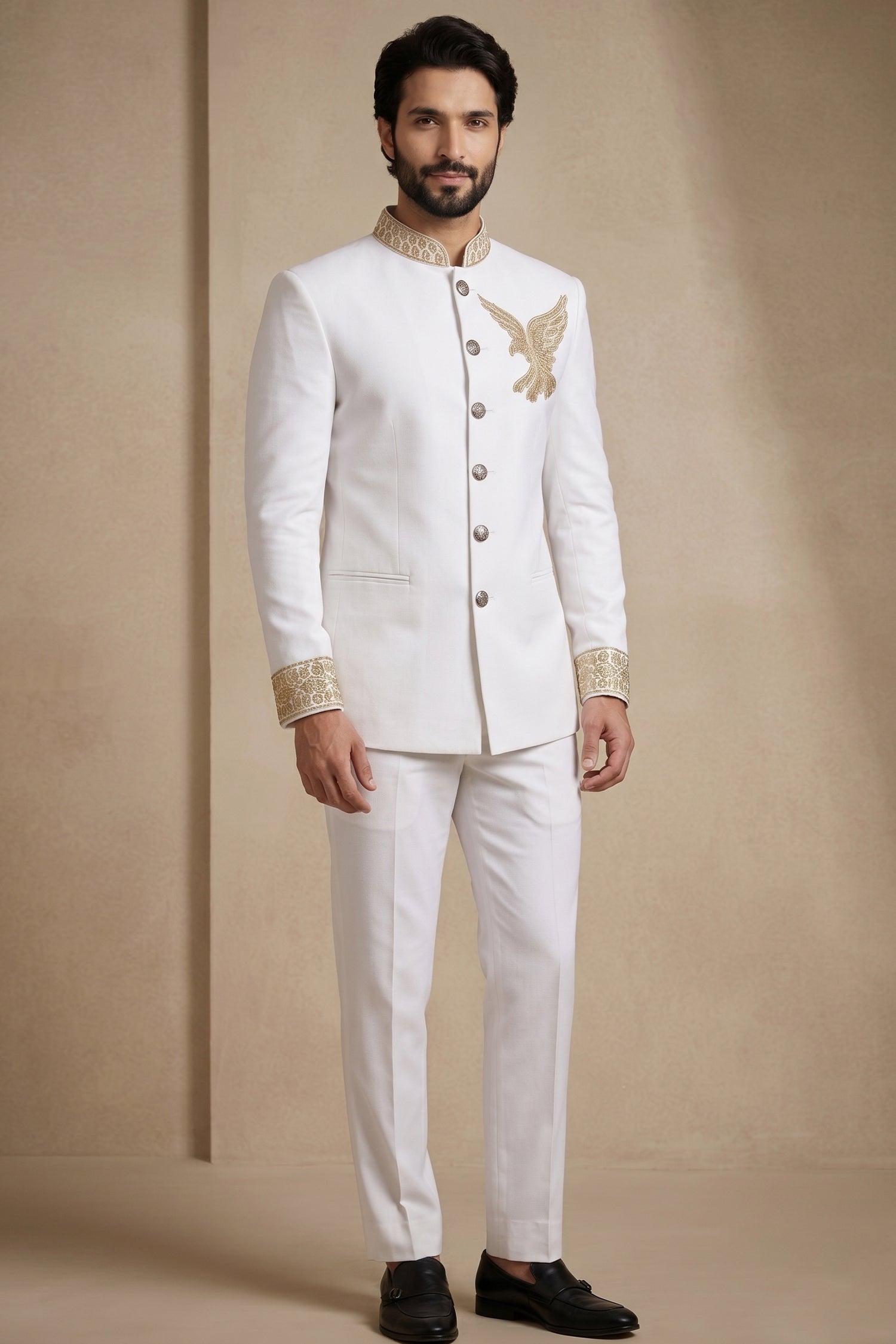 White Silk Beaded Jodhpuri Set