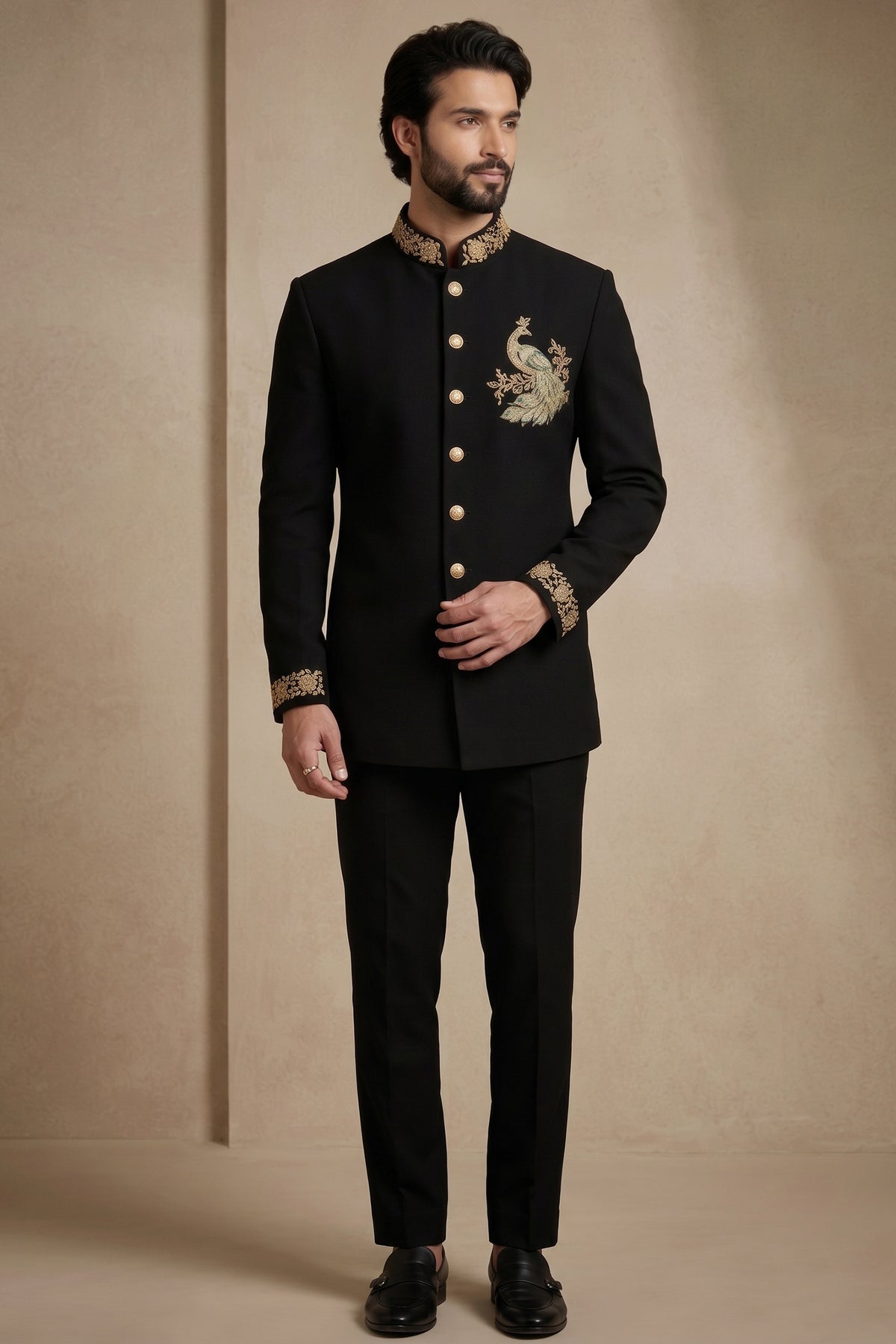 Black Silk Beaded Jodhpuri Set Main image