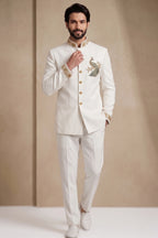 White Silk Beaded Jodhpuri Set
