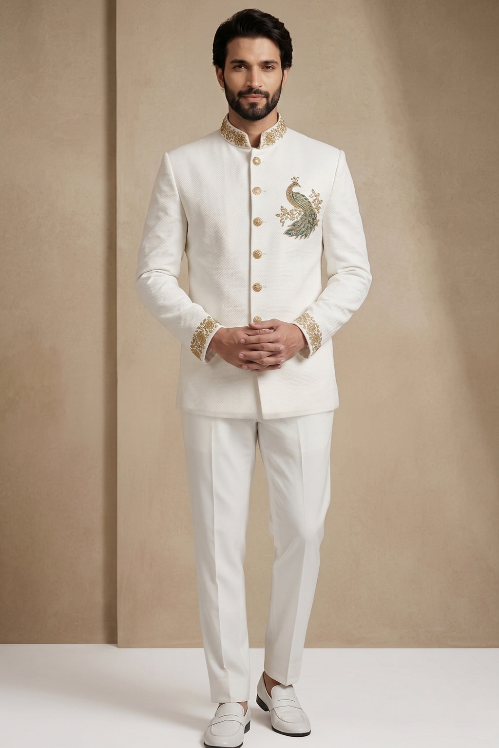 White Silk Beaded Jodhpuri Set
