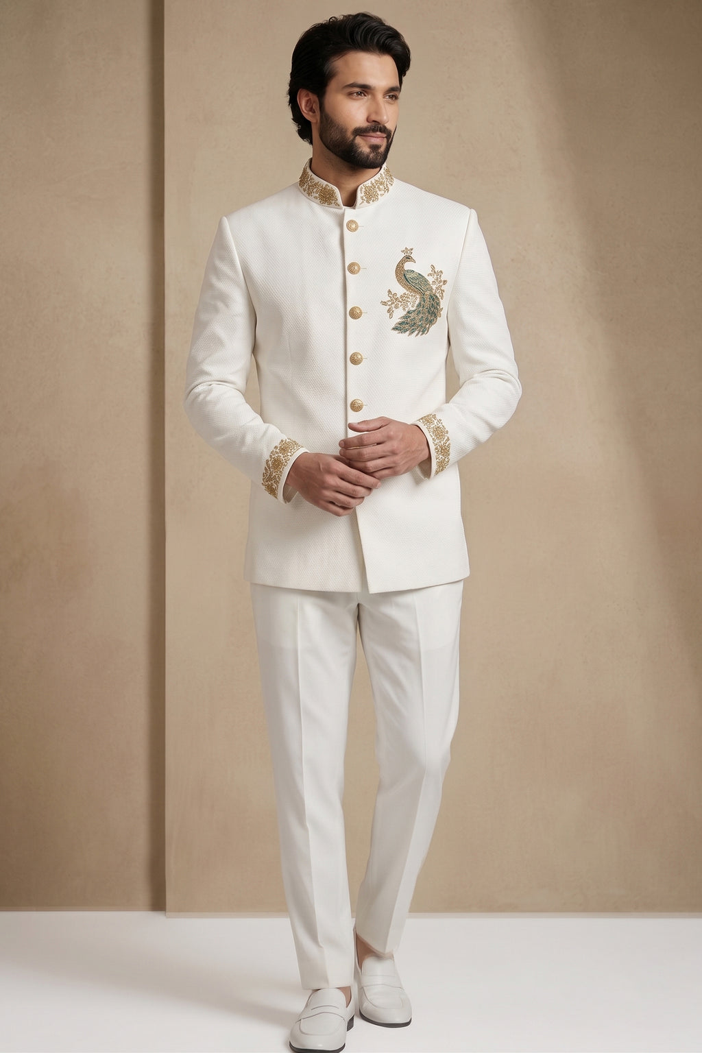 White Silk Beaded Jodhpuri Set