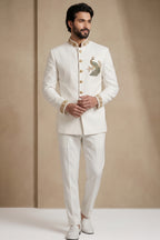 White Silk Beaded Jodhpuri Set