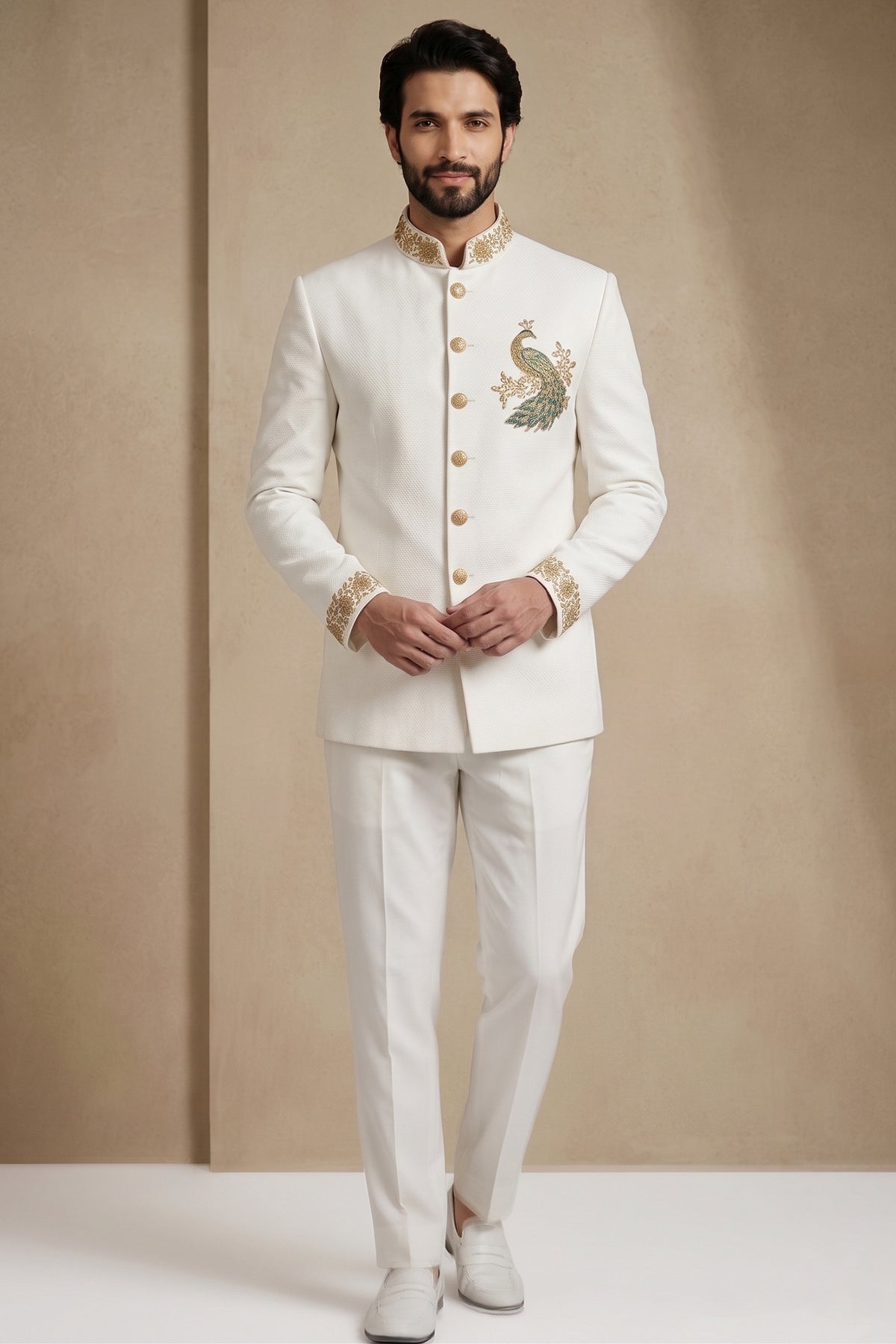 White Silk Beaded Jodhpuri Set Main image