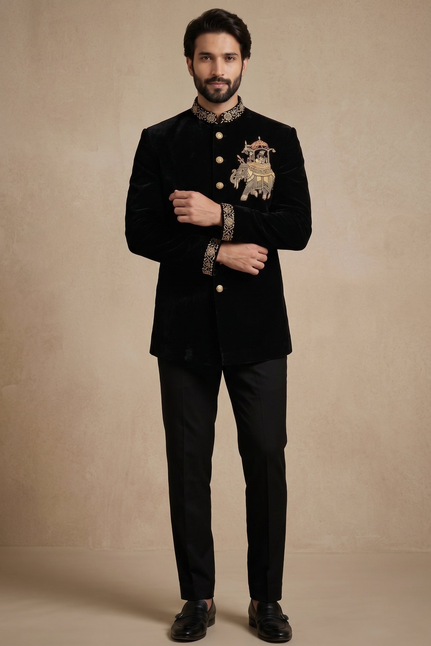 Black Silk Beaded Jodhpuri Set Secondary image