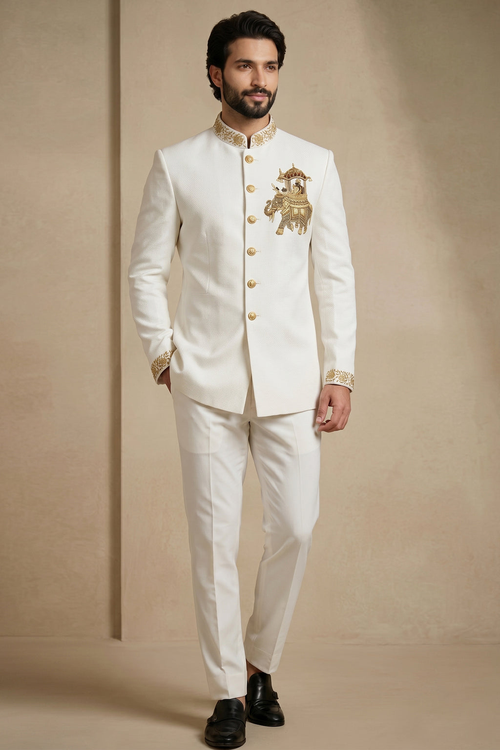 White Silk Beaded Jodhpuri Set