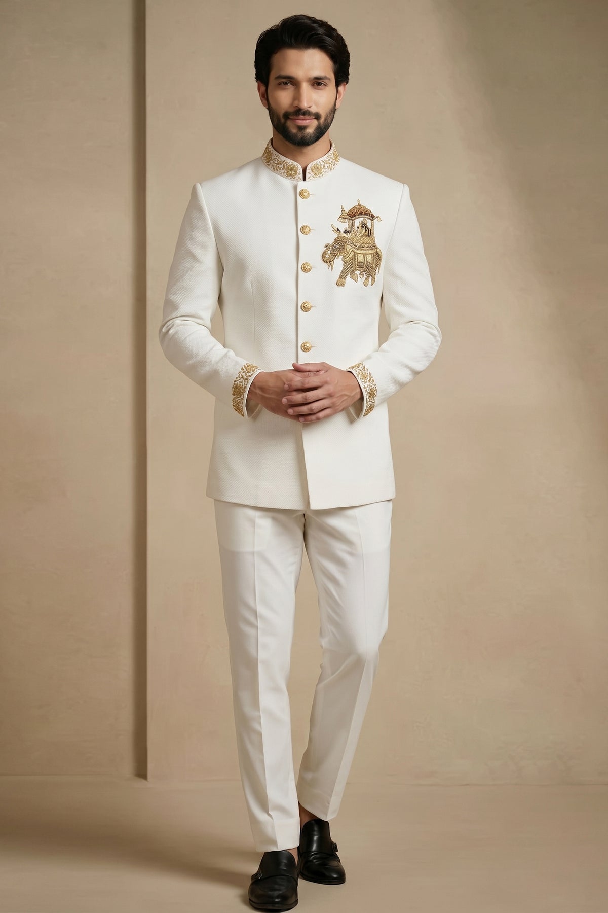 White Silk Beaded Jodhpuri Set
