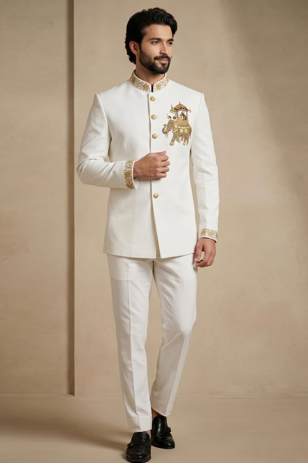 White Silk Beaded Jodhpuri Set