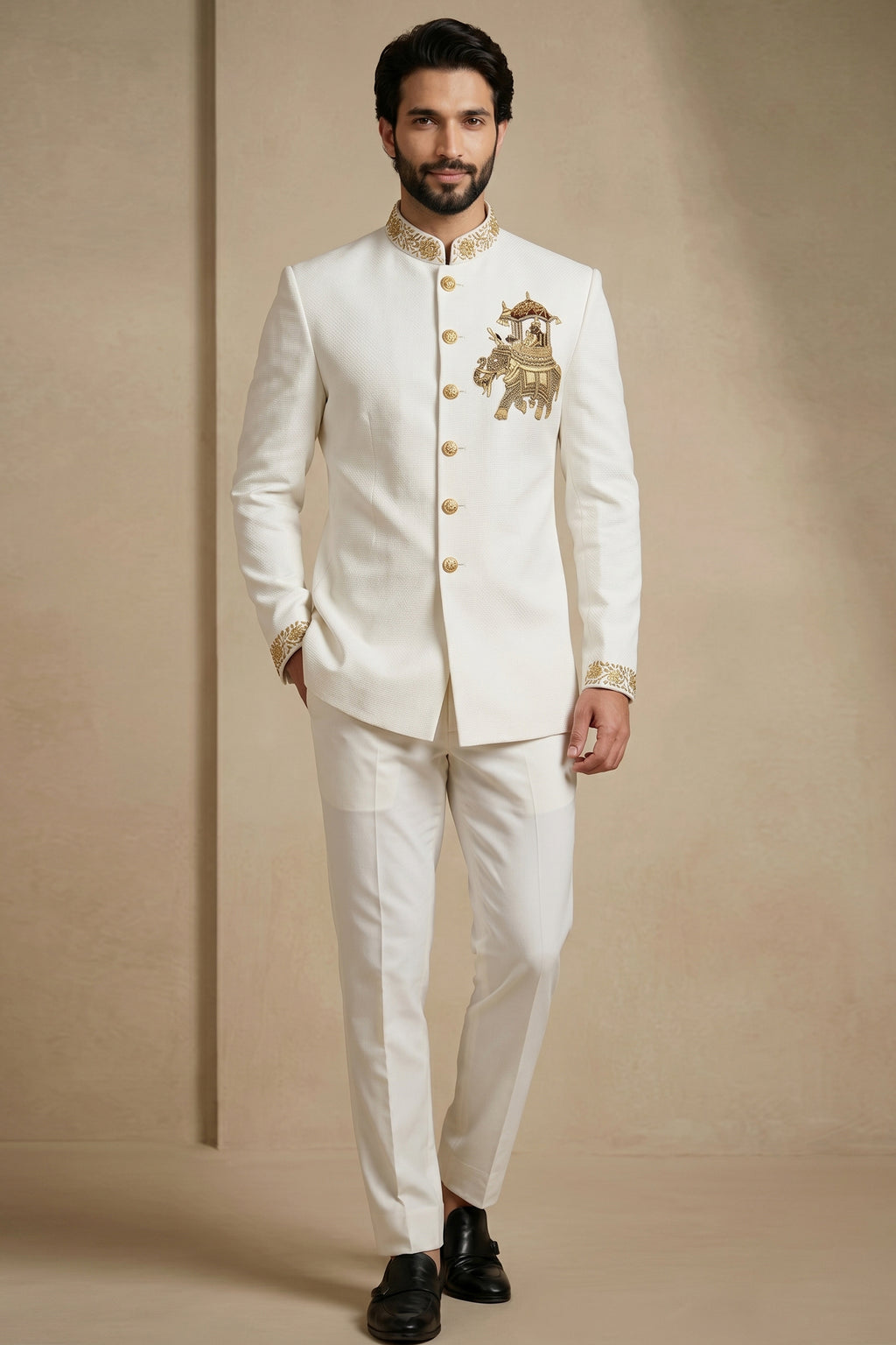 White Silk Beaded Jodhpuri Set