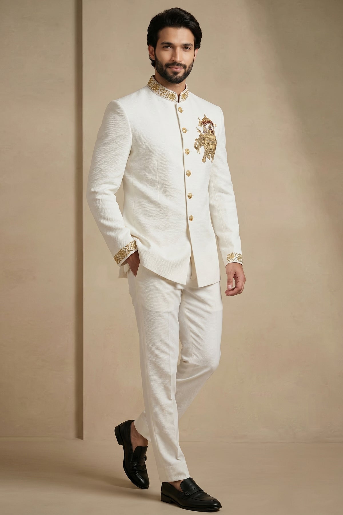 White Silk Beaded Jodhpuri Set