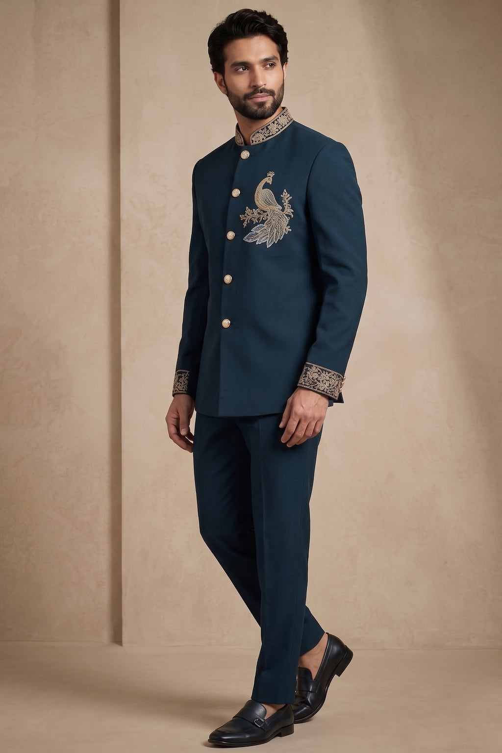 Deep Teal Blue Satin Beaded Jodhpuri Suit