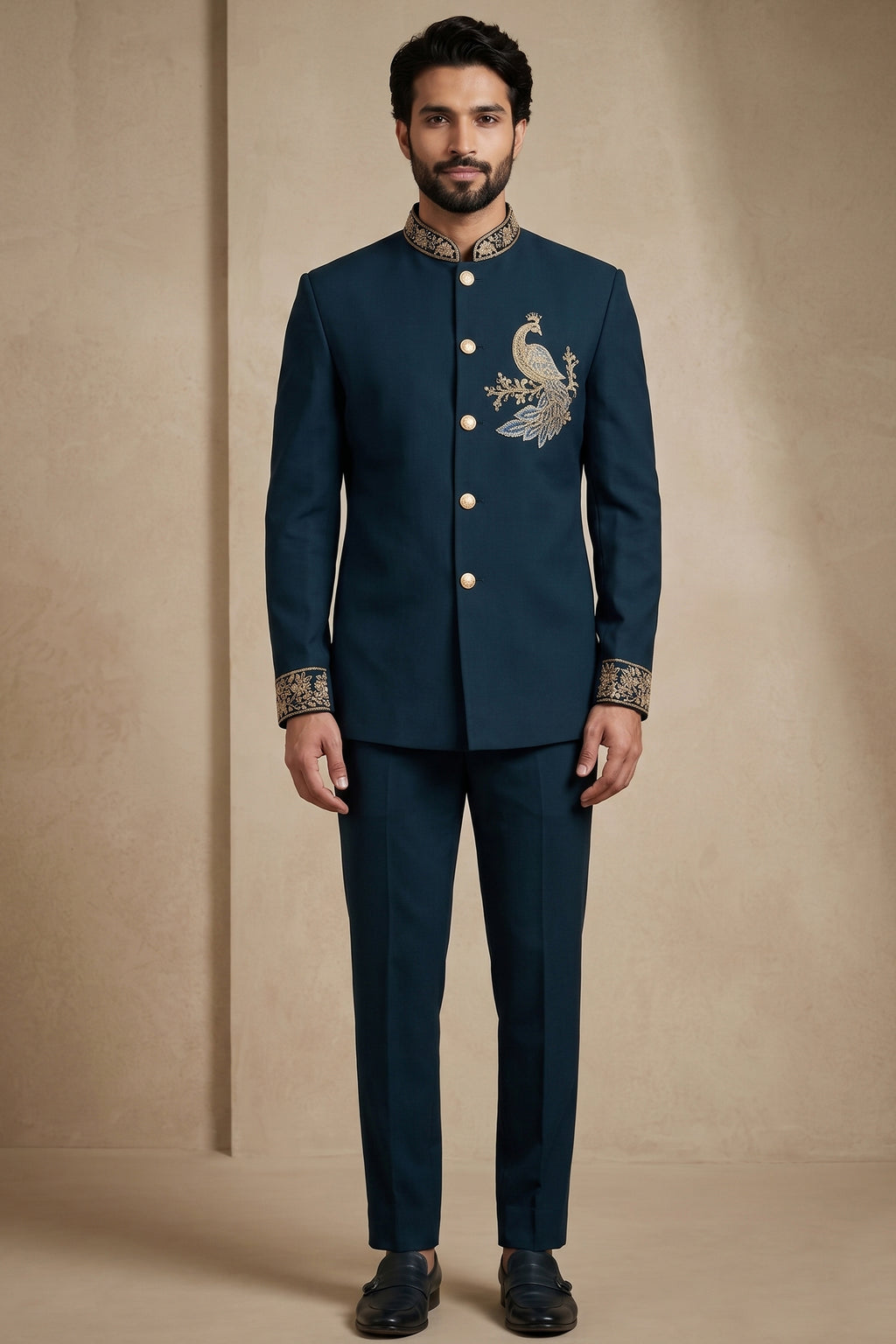 Deep Teal Blue Satin Beaded Jodhpuri Suit
