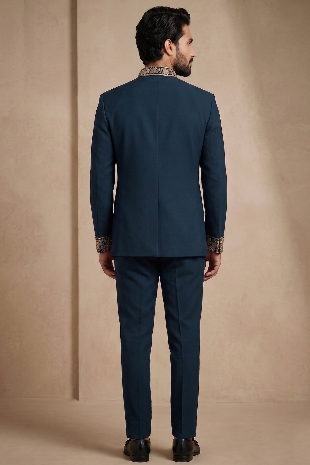 Deep Teal Blue Satin Beaded Jodhpuri Suit