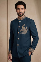 Deep Teal Blue Satin Beaded Jodhpuri Suit