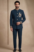 Deep Teal Blue Satin Beaded Jodhpuri Suit