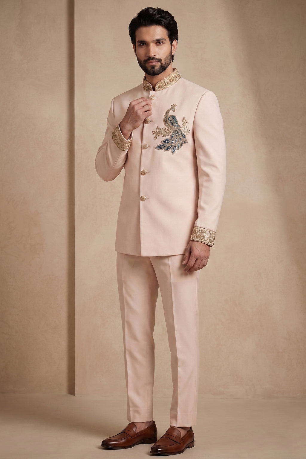 Blush Pink Satin Beaded Jodhpuri Suit