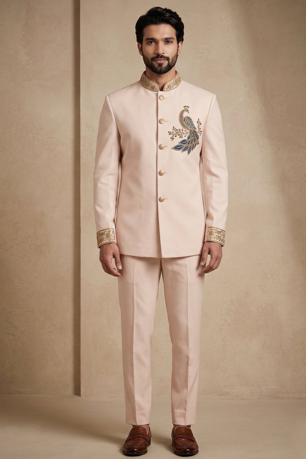 Blush Pink Satin Beaded Jodhpuri Suit