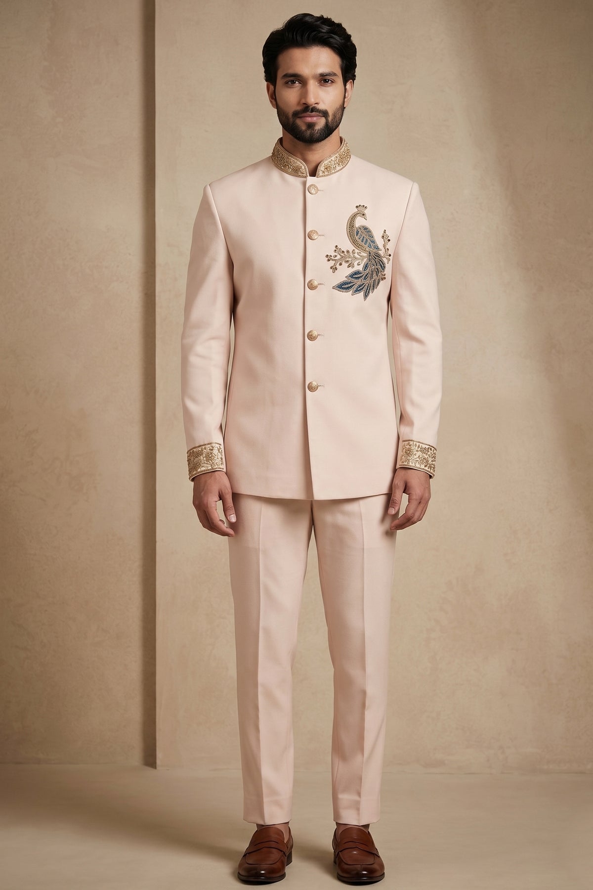 Blush Pink Satin Beaded Jodhpuri Suit
