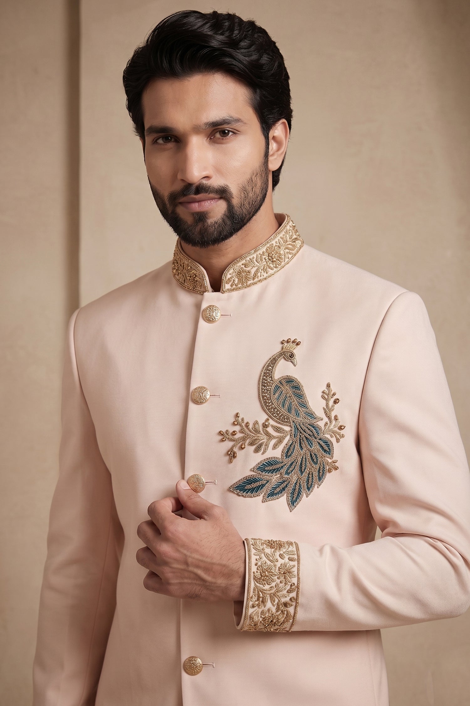 Blush Pink Satin Beaded Jodhpuri Suit Secondary image