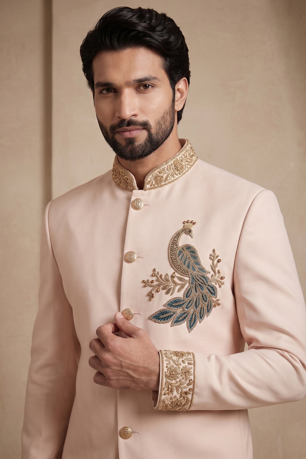 Blush Pink Satin Beaded Jodhpuri Suit