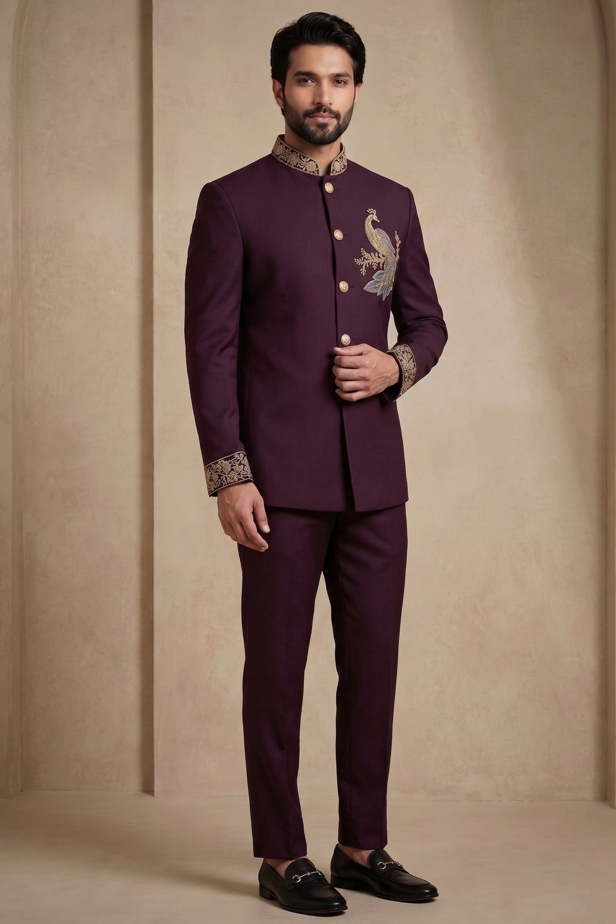 Maroon Beaded Satin Jodhpuri Suit