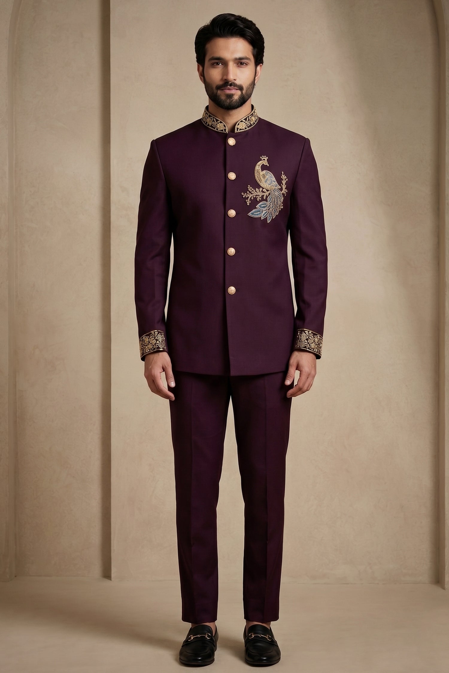 Maroon Beaded Satin Jodhpuri Suit Main image