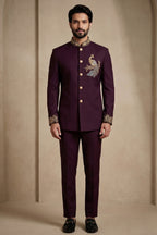 Maroon Beaded Satin Jodhpuri Suit