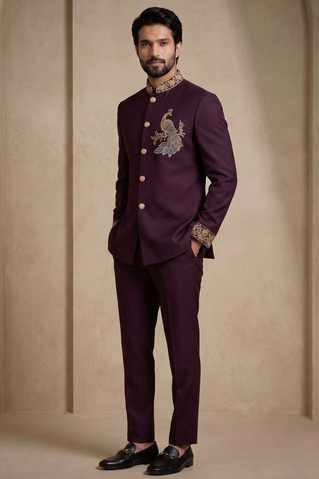 Maroon Beaded Satin Jodhpuri Suit