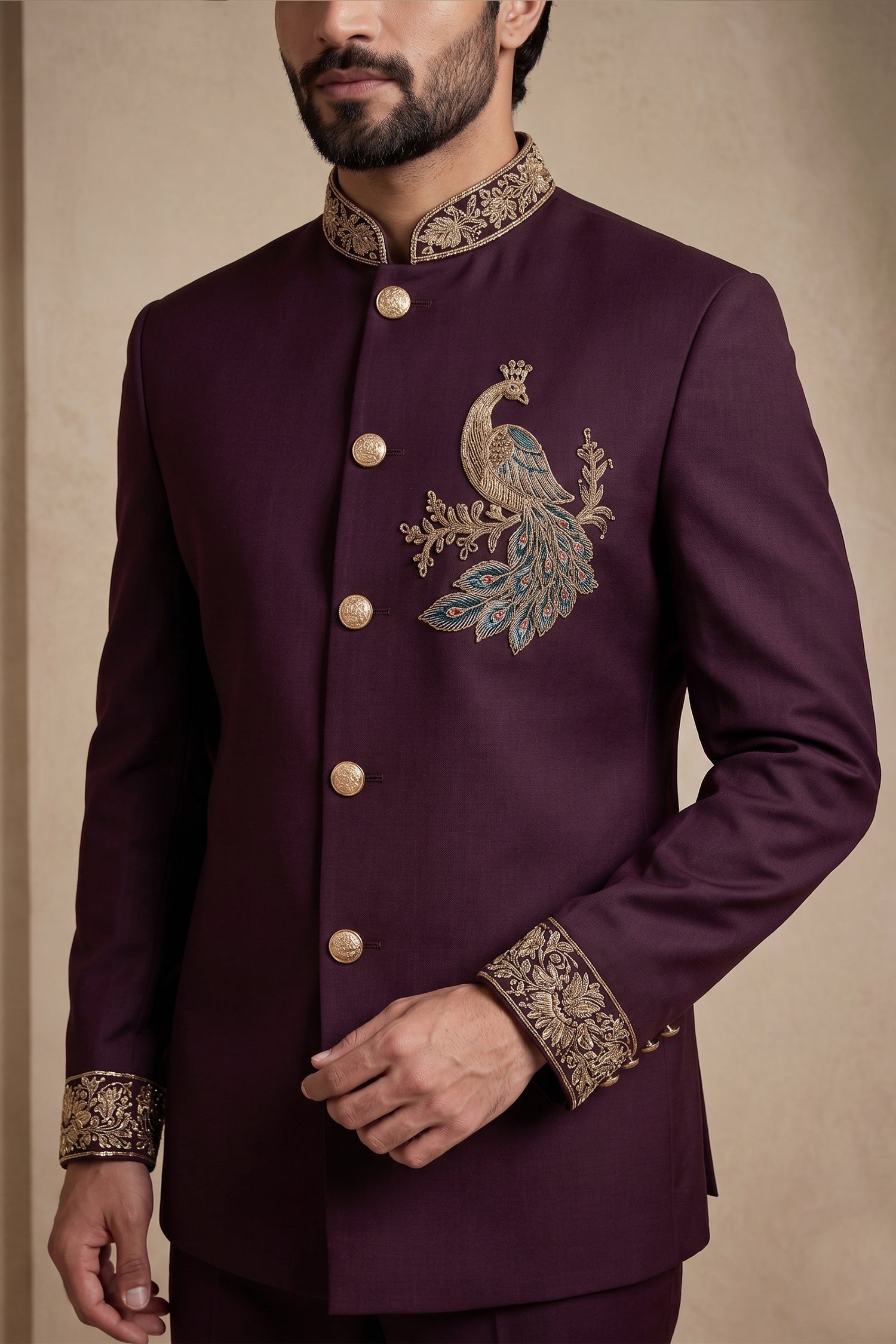 Maroon Beaded Satin Jodhpuri Suit Secondary image