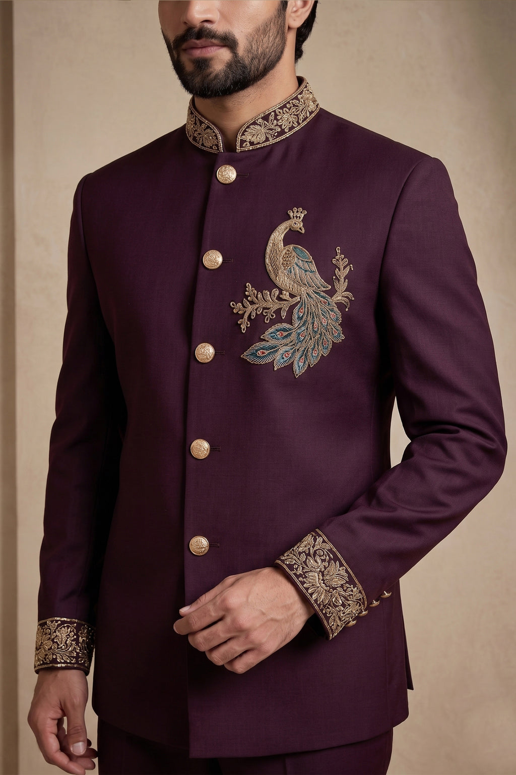 Maroon Beaded Satin Jodhpuri Suit