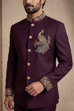 Maroon Beaded Satin Jodhpuri Suit