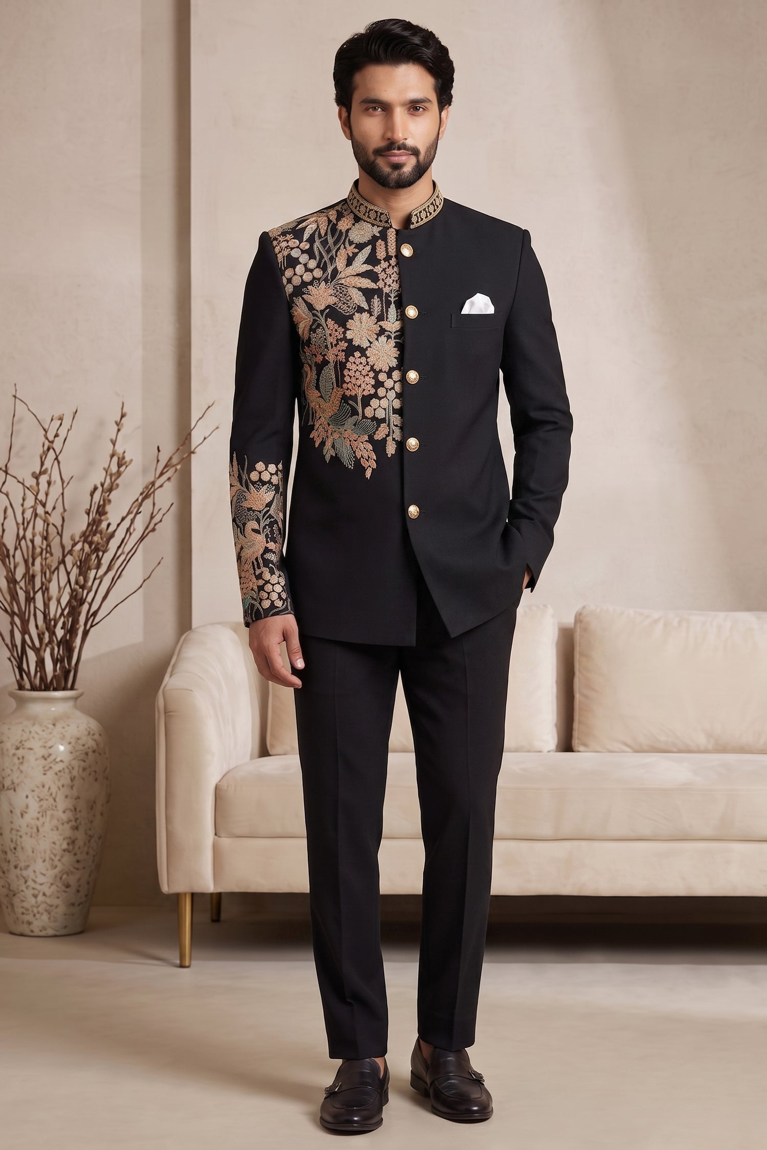 Black Satin Beaded Jodhpuri Suit