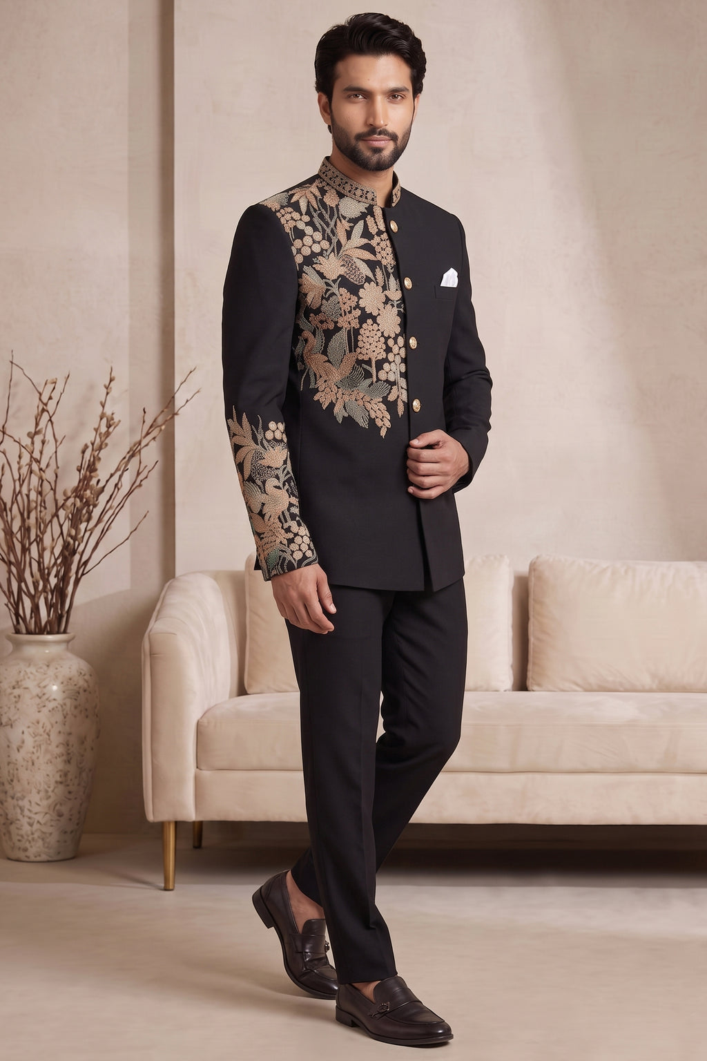 Black Satin Beaded Jodhpuri Suit