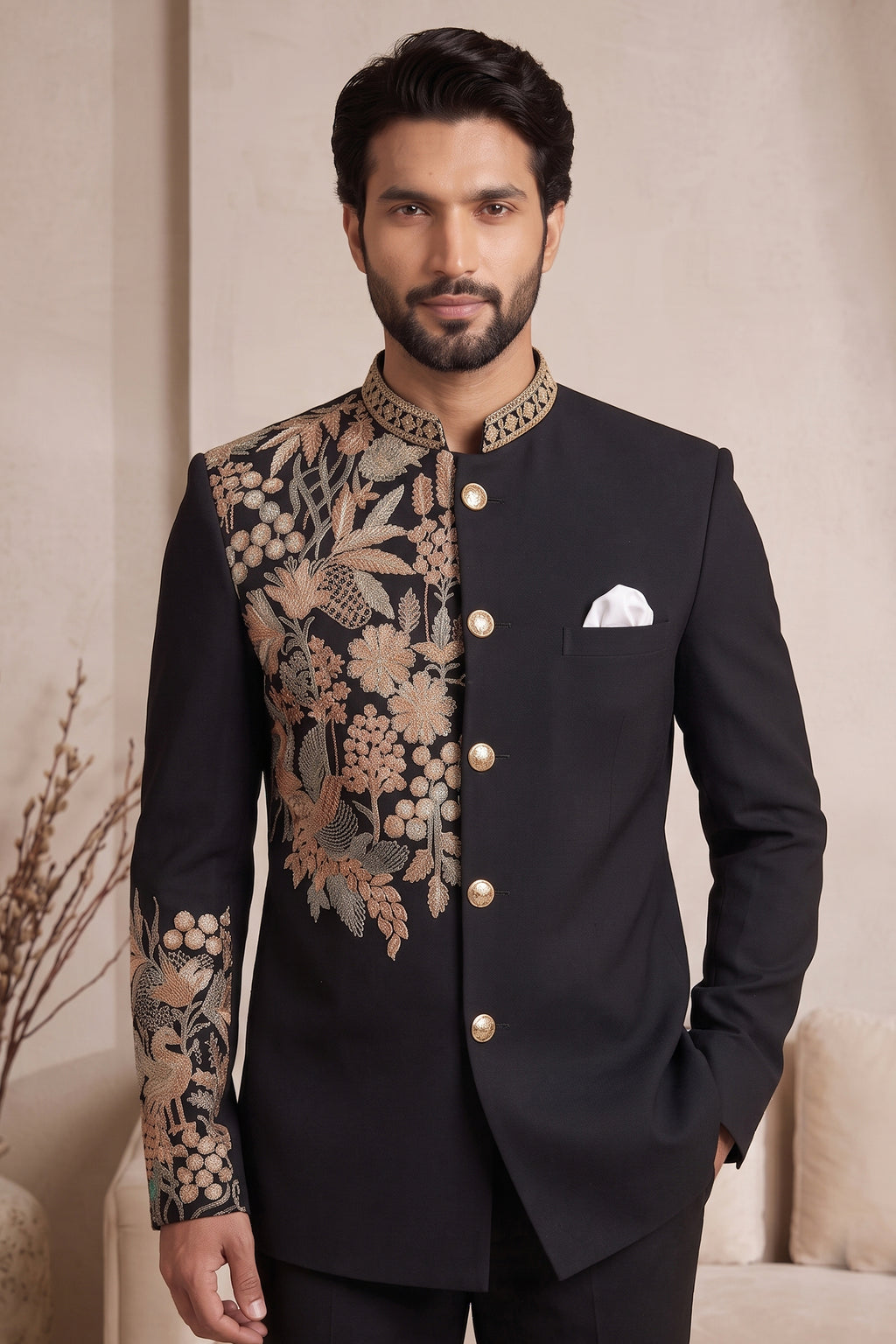 Black Satin Beaded Jodhpuri Suit