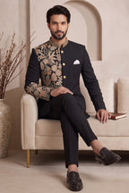 Black Satin Beaded Jodhpuri Suit