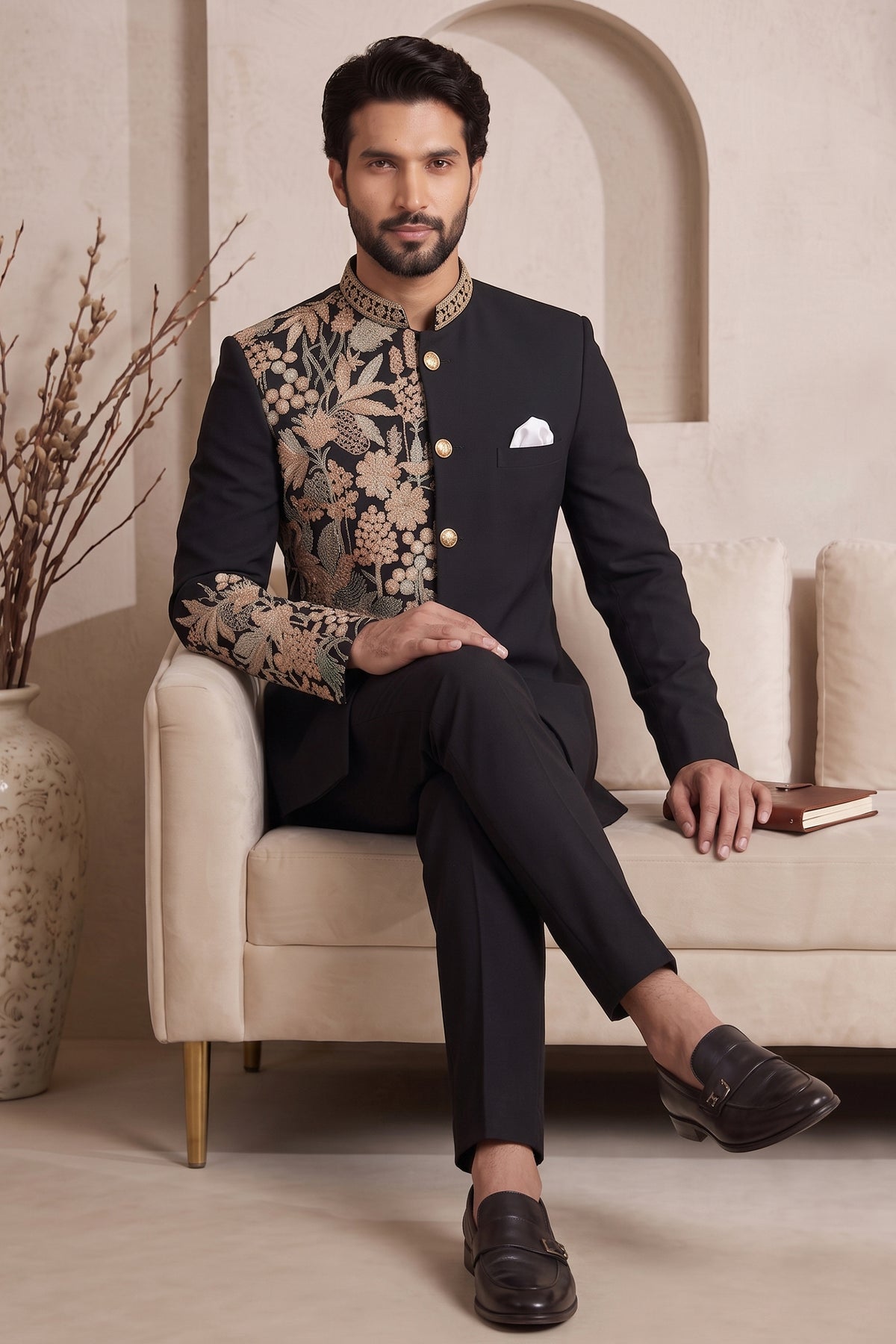 Black Satin Beaded Jodhpuri Suit
