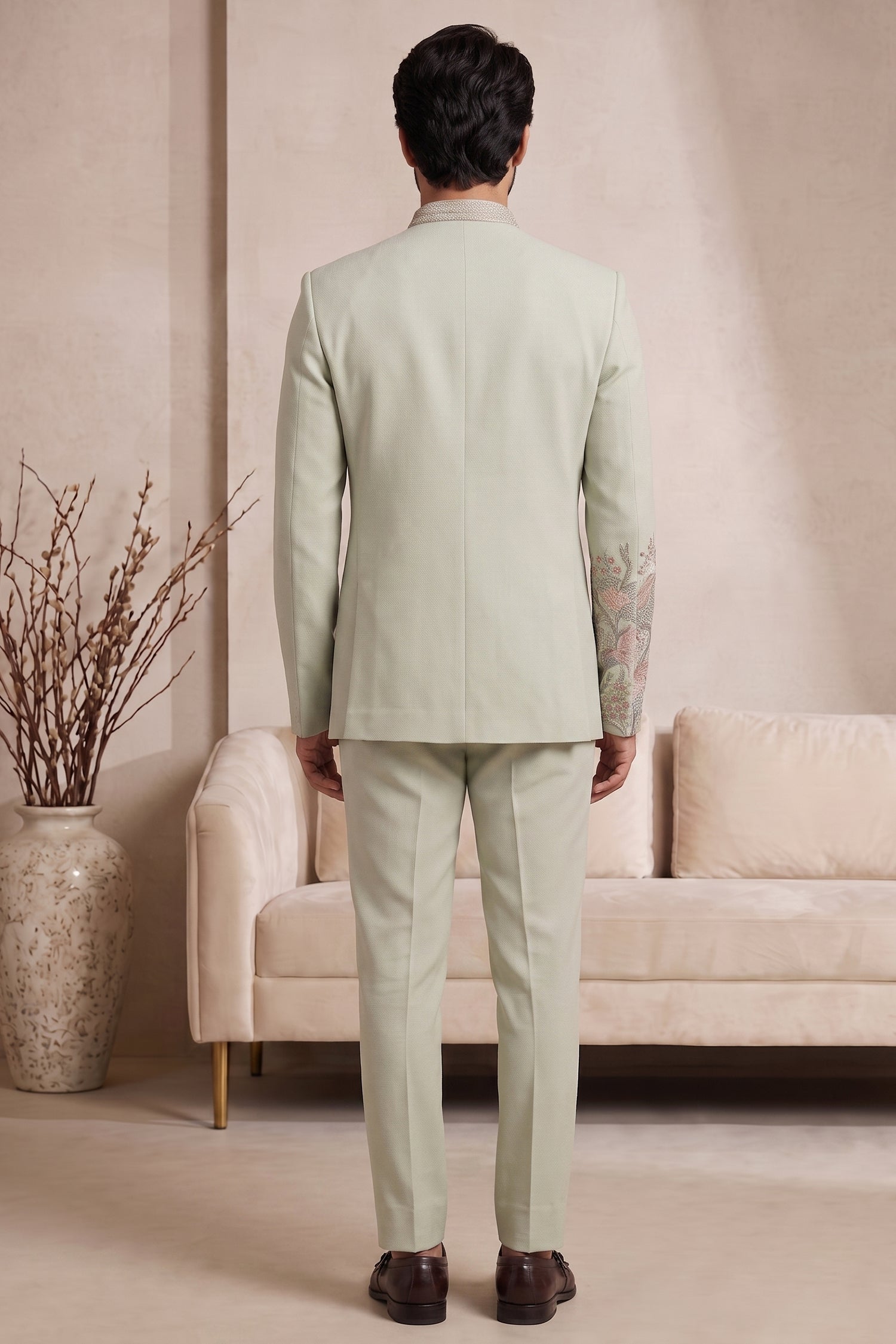 Light Pista Green Satin Beaded Jodhpuri Suit