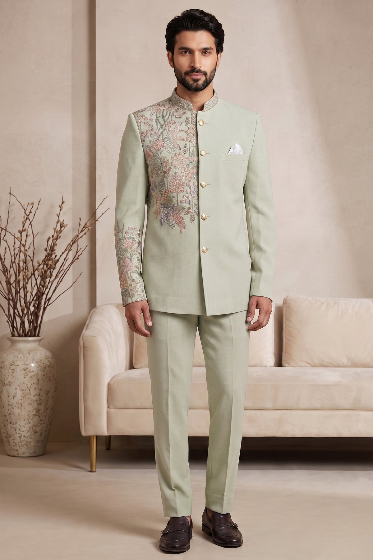 Light Pista Green Satin Beaded Jodhpuri Suit Main image