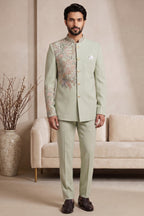 Light Pista Green Satin Beaded Jodhpuri Suit