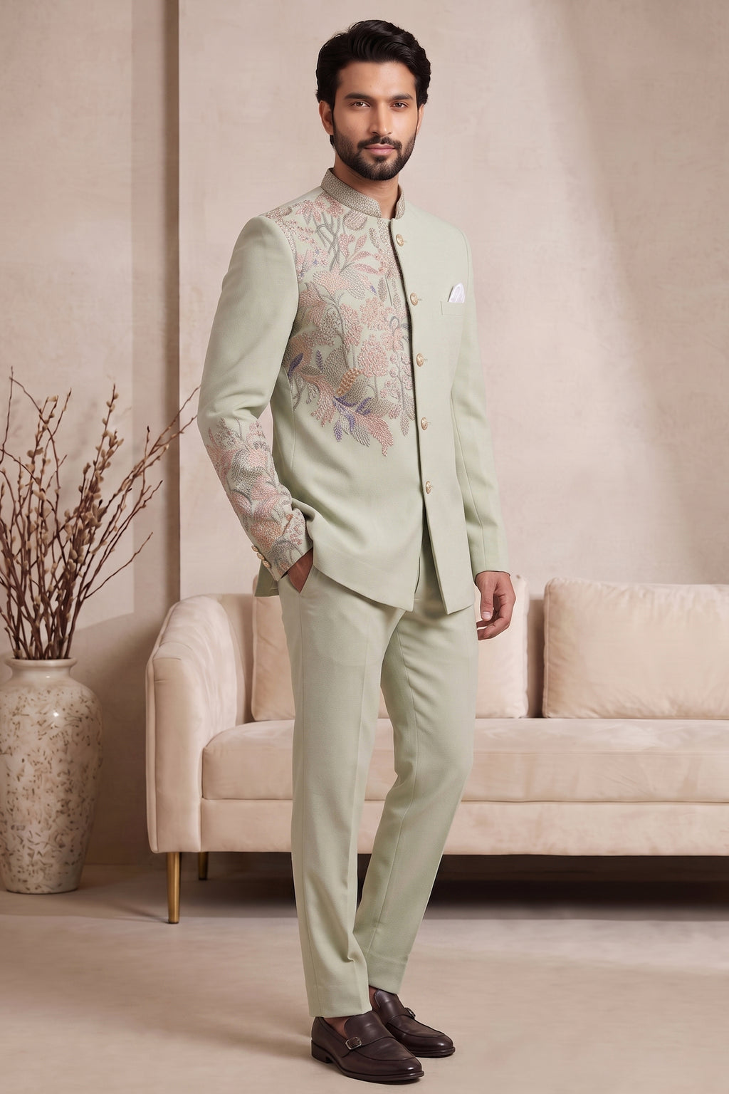 Light Pista Green Satin Beaded Jodhpuri Suit
